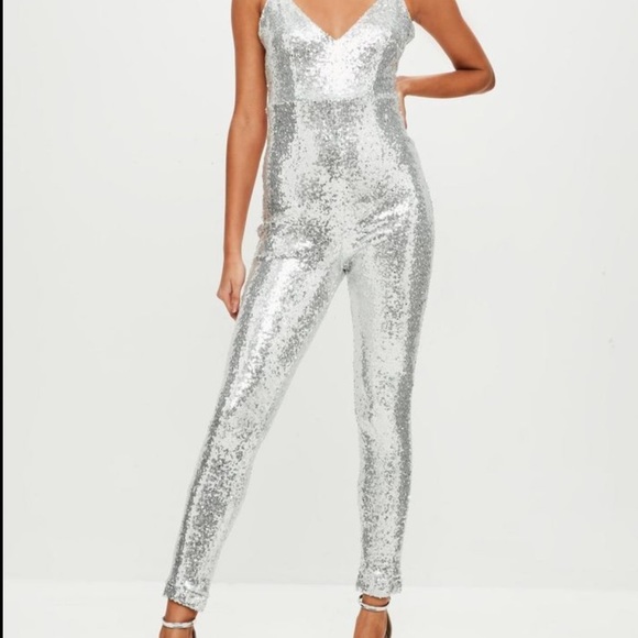 Motel Rocks Pants - MOTEL Silver Sparkly Unitard Jumpsuit